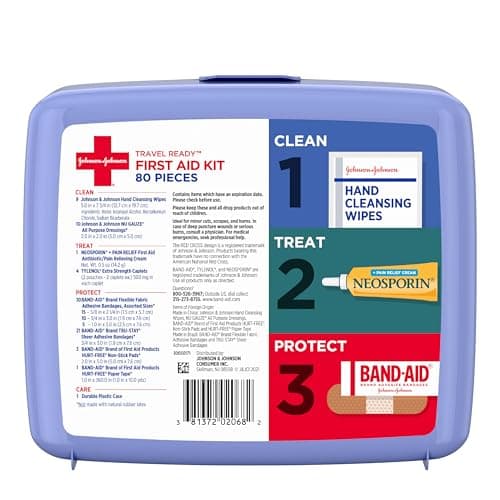 Band-Aid Travel Ready Portable Emergency First Aid Kit for Minor Wound Care with Assorted Adhesive Bandages, Gauze Pads & More, Ideal for Travel, Car & On-The-Go, 80 pc - Image 6