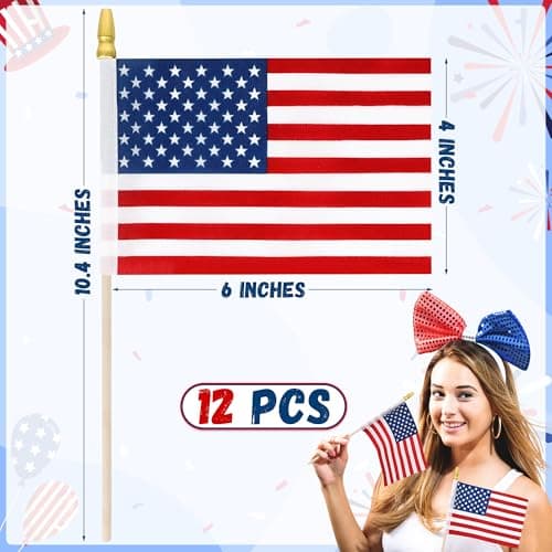 12 Pcs Small American Flags on Stick, 6x4 In 4th of July Decorations, Mini Patriotic USA Flag, Fourth of July Decorations, Hand Held July 4th Flag for Independence Day Supplies Favor Accessories - Image 2