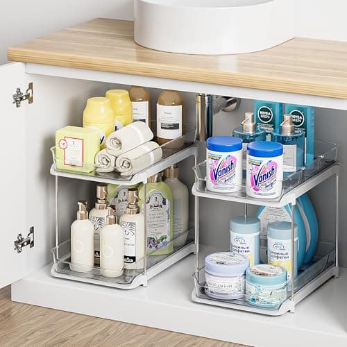 Delamu 2 Sets of 2-Tier Multi-Purpose Bathroom Under Sink Organizers and Storage, Stackable Kitchen Pantry Organization, Pull Out Medicine Cabinet Organizer with 8 Movable Dividers - Image 5