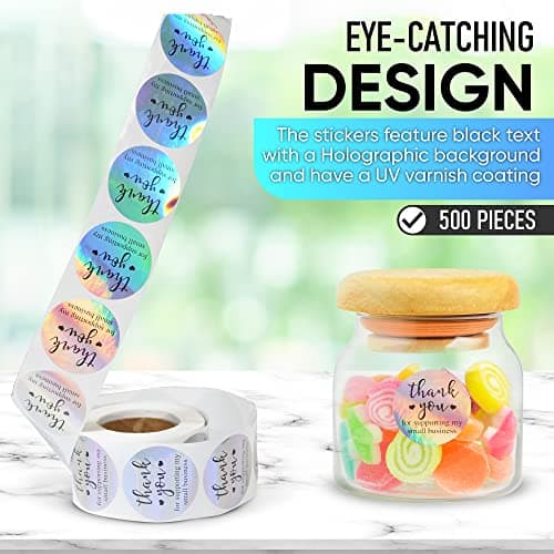 500 PCS Holographic Thank You for Supporting My Small Business Stickers – 1.5 Inch Round Self-Adhesive Waterproof Labels – Eye-Catching Packaging Seals for Orders, Gift Bags, Boxes & Envelopes - Image 3