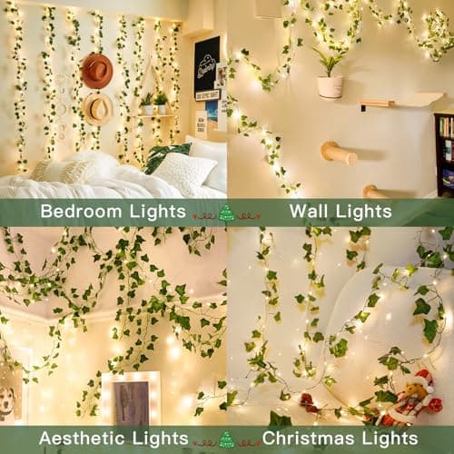 suddus Vine with Fairy Lights Battery Operated, 33ft 100 LED Ivy String Lights with Remote, Leaf Lights for Bedroom, Room, Wall, Garden, Party, Wedding Decor (Warm White) - Image 2