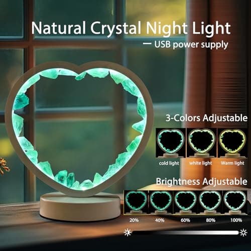 Runyangshi Natural Crystal Night Lamp Heart Shape Bedroom Bedside Sleep Night Light Healing Crystal Gemstone Green Fluorite Light Tri-Color Ambient Light USB Powered for Home Decor Mother's Day Gift - Image 3