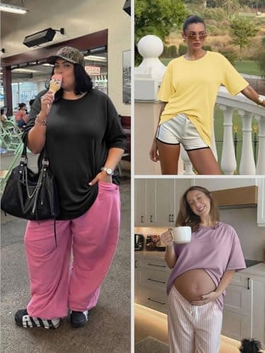 ATHMILE Womens Oversized T Shirts Loose Fit Crewneck Short Sleeve Tops Summer Casual Blouse Y2K 2024 Basic Tee Khaki - Image 5