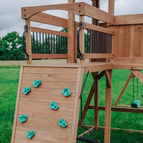 Backyard Discovery Sterling Point Cedar Wood Swing Set with Wave Slide, Raised Clubhouse, Wooden Bridge, Rock Wall, Belt Swings, Web Swing, Trapeze, Balcony, Climbing Wall, Ladder, Outdoor Playset - Image 6