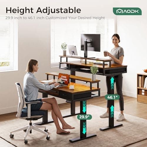 AODK Electric Standing Desk with Drawers & Keyboard Tray, 55 Inch Height Adjustable Gaming Desk with Power Outlets & LED Lights, Sit Stand Table with Monitor Stand for Home, Office, Rustic Brown - Image 4
