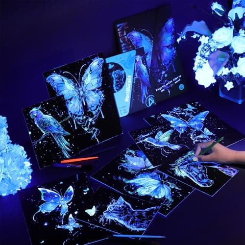 Gersoniel 8 Pack Glow in The Dark Scratch Art for Adult Rainbow Painting Paper Sheet with Pen/Cleaning Brush Noctilucent Engraving Scratchboard for Adults Gift Craft for Gift, Stress Relief - Image 4