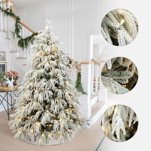 LuxenHome 6.5FT Flocked Artificial Christmas Tree, Spruce Prelit Christmas Trees Flocked with 450 Warm White LED Lights, Realistic Xmas Tree with 4000 PE+PVC Tips for Indoor and Outdoor Xmas Decor - Image 2