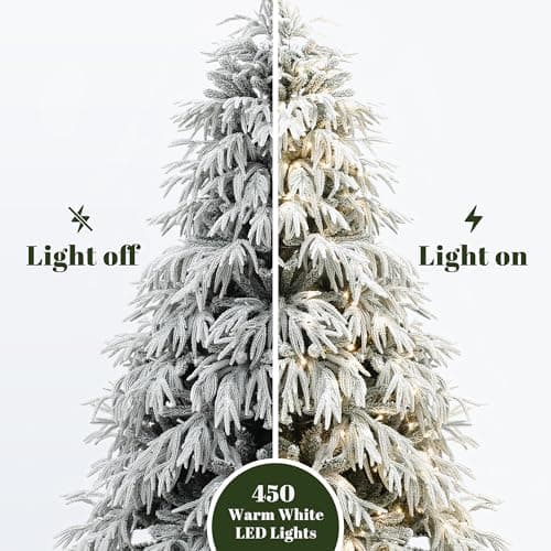 LuxenHome 6.5FT Flocked Artificial Christmas Tree, Spruce Prelit Christmas Trees Flocked with 450 Warm White LED Lights, Realistic Xmas Tree with 4000 PE+PVC Tips for Indoor and Outdoor Xmas Decor - Image 5