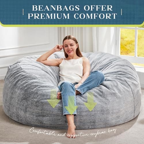 Hobestluk Bean Bag Chairs Giant Beanbag Chair with Filler, Memory Foam Bean Bags with Fluffy & Machine Washable Cover, Bean Bag Chairs for Aduts for Living Room, Bedroom (Grey, 5FT - 50” x 50” x 24”) - Image 6