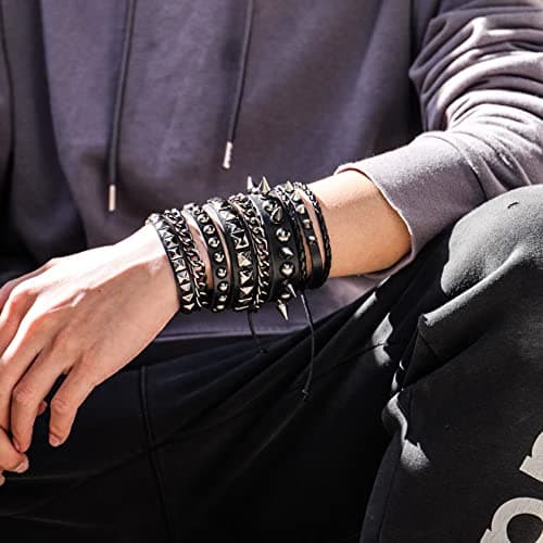 Eigso 3 Pcs Oldschool Cool Punk Steampunk Studded Spikes Rivets Vintage Leather Wide Bracelets for Men and Women with Adjustable Buckle - Image 3