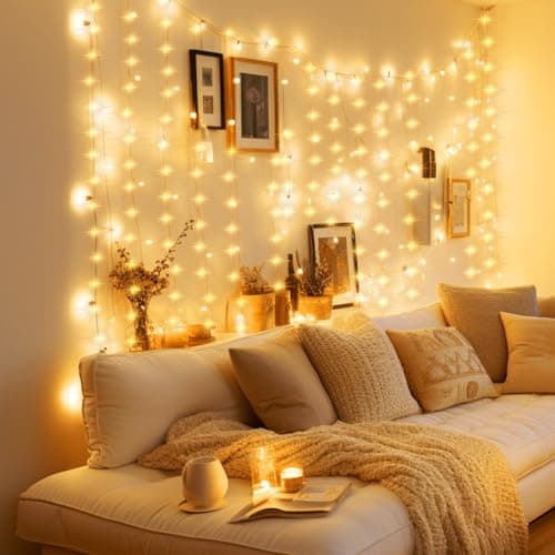 Minetom Curtain Lights, 300 LED Dimmable Fairy Lights with Remote and Timer, 8 Modes, USB Powered String Lights for Room Wall Party Xmas Indoor Decor, Warm White - Image 6