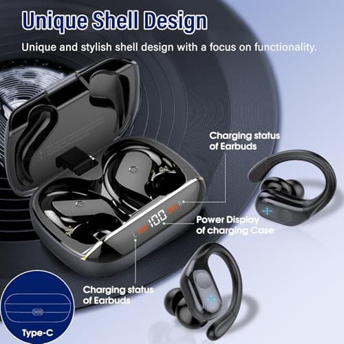 Qecnato Wireless Earbuds Bluetooth 5.4 Headphones Sports, 75H Stereo Deep Bass Over Ear Buds with Earhooks, Bluetooth Earbuds with 4 ENC Mic, LED Display, IP7 Waterproof Earphone for Running, Black - Image 5