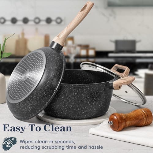 SODAY 12 Pcs Pots and Pans Set Non stick, Cookware Sets Black Granite Induction Cookware, Non-toxic Healthy Nonstick Kitchen Cooking Set with Frying Pans Set, Saucepans (PFAS/PFOA/PFOS Free) - Image 2
