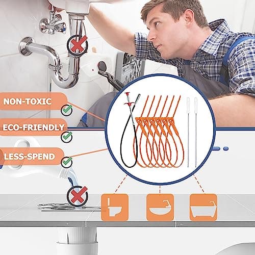 35.5inch Drain Clog Remover(1pcs), 25inch Drain Snake Hair Remover(6pcs) ＆ Cleaning Brush(2pcs), Hair Catcher Drain Auger Cleaner Tool Set For Toilet, Kitchen Sink, Bathroom Tub, Sewer, 9 Pack - Image 7