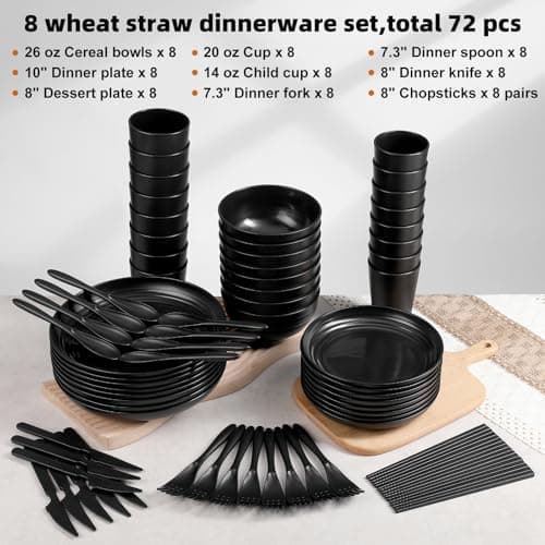 72 Pcs Plates and Bowls Sets, Unbreakable Wheat Straw Dinnerware Set Service for 8, Plastic Dish Set, Reusable Plates Bowls Cups for Kitchen, Camping, Outdoor, Dorm Microwave & Dishwasher Safe, Black - Image 3