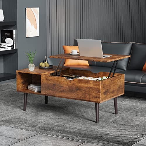 Sweetcrispy Coffee Table, Lift Top Coffee Tables for Living Room, Small Rising Wooden Dining Center Tables with Storage Shelf and Hidden Compartment, Brown - Image 2