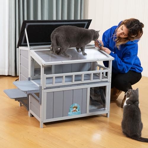 Outdoor Cat House, 2-Tier Warm Wood Cat Shelter with Sunlight Roof, Balcony, Jumping Platforms, Kitty Pet Porch Enclosure, Weatherproof, Openable, Gray - Image 2