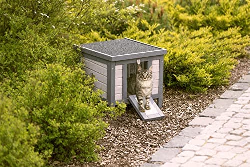 TRIXIE Insulated Outdoor Cat House, Weatherproof Cat Home with Raised Floor, Hinged Asphalt Roof & Covered Opening, Small Outdoor Shelter for Cats and Small Animal, Gray Pine Wood - Image 3