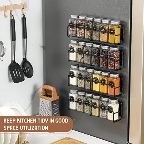 VITEVER Magnetic Spice Rack, 4 Pack, 24 Square Glass Jars with Lids, Quick-Find Pre-Printed Labels, Funnel, Space Saver, Refrigerator and Microwave Oven Organizer - Image 6