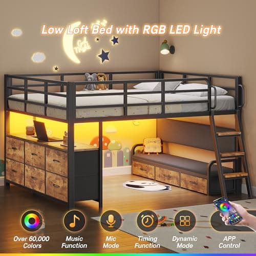 Dnxao Full Size Low Loft Bed with Desk,Full Size Bed Frame with 9 Storage Drawers, Kids Loft Bed with 15.8" H Safety Guardrail,Sofa,LED Lights & Charging Station,No Box Spring Needed,Rustic Brown - Image 5