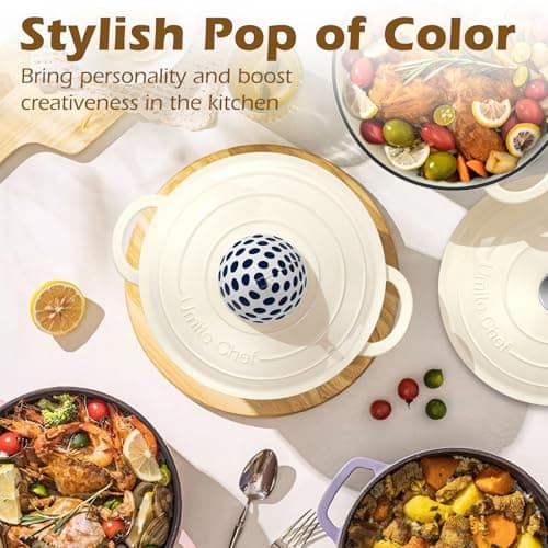 Enameled Cast Iron Dutch Oven - Umite Chef 5QT Pot with Lid & Cotton Potholders - Heavy-Duty Cookware for Bread Baking, Braising, Stews, Roasting(Cream White) - Image 8