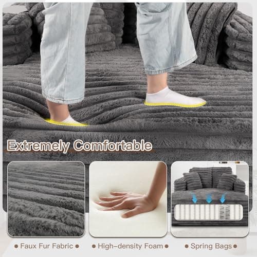 JEEOHEY 56"W Oversized Chaise Lounge Chair Indoor,Plush Faux Fur Sleeper Sofa Couch Bed with Pillows&Wide Armrest,Fluffy Comfy Cloud Sofa,Compression Foam Boneless Couch for Living Room,Bedroom(Grey) - Image 3
