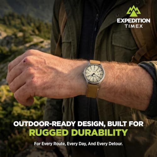 Timex Men's Expedition Scout 40mm Watch, Gray Case, Tan Leather Strap | Rugged Field Design with Full Arabic Numerals, Adjustable Strap, INDIGLO Backlight & 50m Water Resistance - Image 2