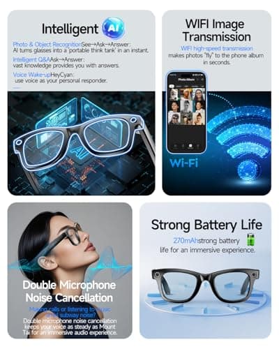 AI Smart Glasses 4K HD Camera, BT Call, 800W Anti-Shake Camera Glasses with Video Recording Dual Mic, Simultaneous Interpretation/GPT Identify Objects, 270mAh Blue Light Glasses（Black） - Image 3