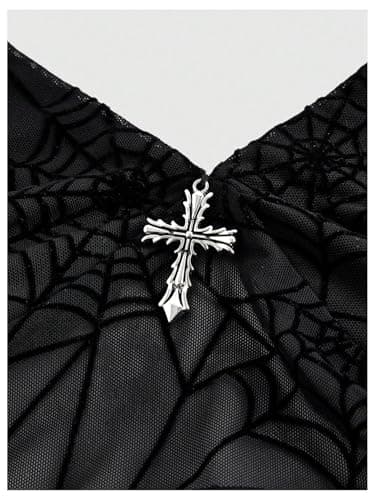 Verdusa Women's Y2k Gothic Goth Halter Top Mesh Sheer Backless Crop Tops Emo Grunge Witchy Clothes Halloween Costumes Black Large - Image 3