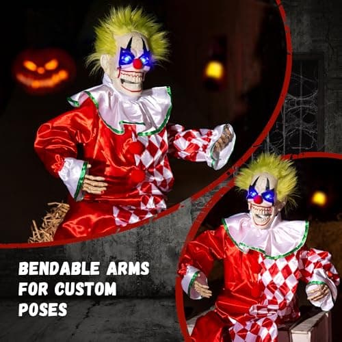 Halloween Animatronic Sitting Clown Decoration–Sound Activated Creepy Clown Prop with Shaking Body, Glowing Eyes & Scary Voice–Indoor/Outdoor Halloween Decor for Yard, Haunted House, Party (48") - Image 4