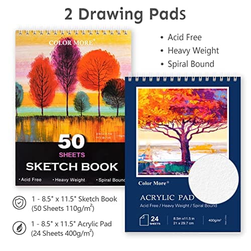 Color More 175 Piece Deluxe Art Set with 2 Drawing Pads, Acrylic Paints, Crayons, Colored Pencils, Paint Set in Wooden Case, Professional Art Kit, Art Supplies for Adults, Teens and Artist, WoodMuse Plus - Image 5