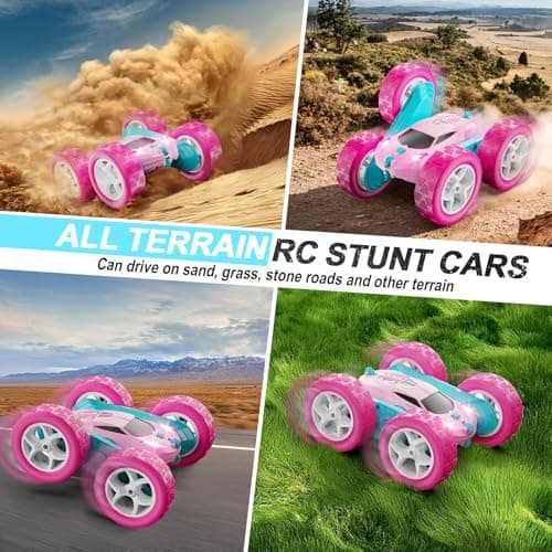 QUNREDA RC Cars, Pink Remote Control Car for Girls, 2.4 GHZ Double Sided RC Stunt Car 360° Rotating Remote Control Crawler with Headlights Car Toys for 6 7 8 9 10 11 12 Girls Birthday Gift - Image 5