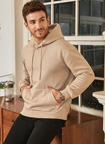 JMIERR Fall Sweatshirts for Mens Comfy Simple Plain Drawstring Hoodies Collar Fleece Long Sleeve with Pockets Hooded Pullovers Casual Loose Fit Shirts Cotton Sweater, US43(L), Khaki - Image 7