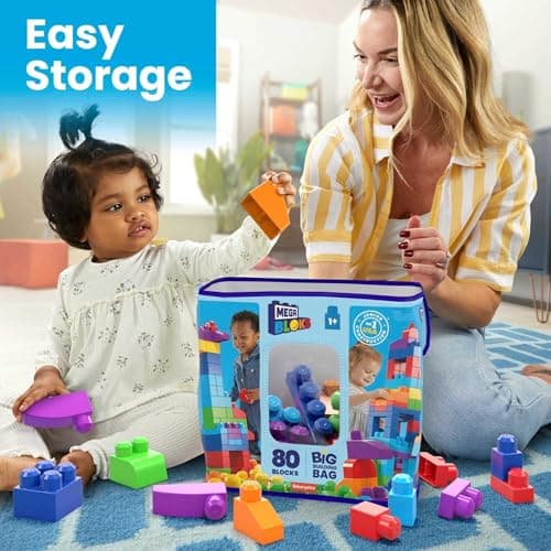 MEGA BLOKS First Builders Toddler Blocks Toys Set, Big Building Bag with 80 Pieces and Storage, Blue, Ages 1+ Years - Image 7