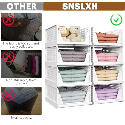 SNSLXH 5 Pack Stackable Closet Storage Basket, Multifunctional & Foldable Closet Organizer for Bathroom Kitchen Laundry Room Wardrobe Storage, Space-Saving Clothes Storage Drawer Organizer, White - Image 3
