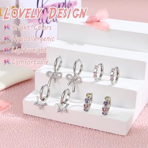 BESTEEL 4 Pairs Hypoallergenic Huggie Hoop Earrings for Girls Women Silver Small Dangle Hoop Earrings Bow Earrings Tiny Cute CZ Heart Butterfly Earrings Set Pink Colorful Star Earring for Sensitive Ears（Heart Star bow set）over 3 years old - Image 3
