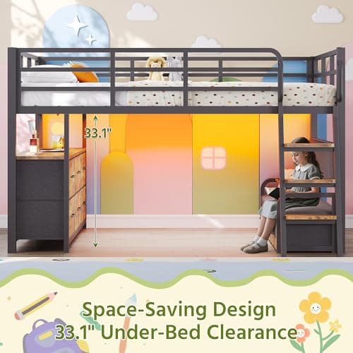 Dnxao Full Size Low Loft Bed with Desk,Full Size Bed Frame with 9 Storage Drawers, Kids Loft Bed with 15.8" H Safety Guardrail,Sofa,LED Lights & Charging Station,No Box Spring Needed,Rustic Brown - Image 8