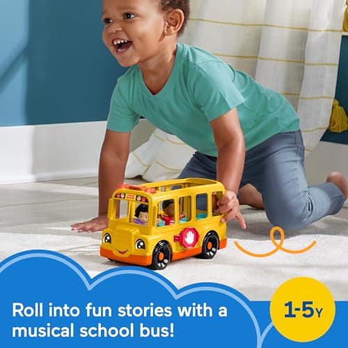 Fisher-Price Little People Toddler Toy School Bus Musical Push-Along Vehicle with 2 Figures for Pretend Play Ages 1+ Years - Image 2