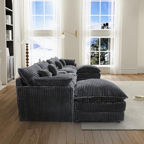 HYJT-H&K 145" U Shaped Cloud Couch Modular Dark Grey Sectional Couches for Living Room, Comfy Fluffy Corduroy Oversized Cloud Sectional Couch Large 6 Seat Sectionals Sofa Set Central Console USB Port - Image 6