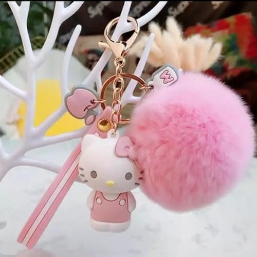PaPiJoJo Cute Keychains for Women/Girls, Kawaii Pom Pom Fuzzy Key Chain Accessories Wristlet Cartoon Keychain for Backpack Car Keys (Pink208) - Image 5