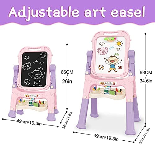 Mojitodon Art Easel for Kids, Adjustable Standing Rotatable Double Sided Easel with Painting Accessories for Toddlers Boys and Girls-Pink - Image 2