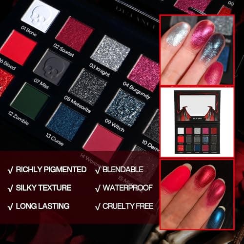 DE'LANCI Red Black Goth Eyeshadow Palette, Red Eyeshadow Goth Makeup Palette, Gray Silver Shimmer Glitter Eye shadow Pallet, Burgundy Eye Shadow for Vampire Clown Halloween Makeup,High Pigment,Vegan - Image 2