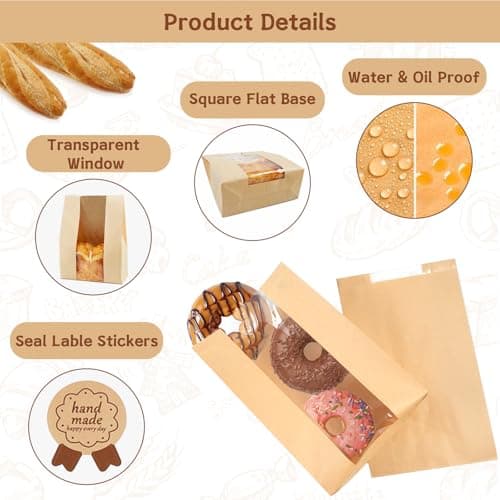 100 Pack Large 14x8.3x3.5in Bread Bags for Homemade Bread, Kraft Paper Bakery Bags with Clear Window & Tin Tie Lock, Thicker Cookie & Snack Storage Bags, Includes 100 Sealing Stickers - Image 5