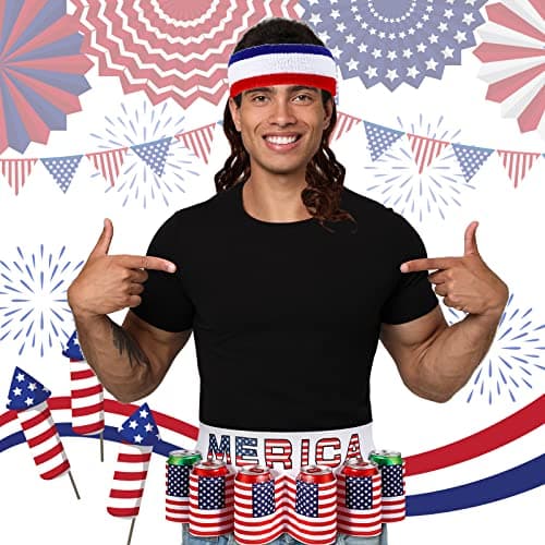 Canlierr 2 Pcs Halloween Costume America Beverage Beer Belt Holder and Mullet Wigs Headband 4th of July Patriotic USA Flag Beer Gift for Men Christmas - Image 7