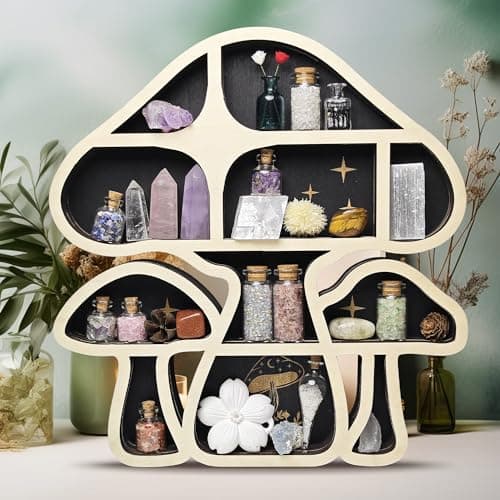 FNYDOX Wooden Mushroom Floating Shelves, Crystal Display Shelf for Wall, Cute Mushroom Wall Decor, Rock Gem Stone Storage Organizer, Essential Oil Holder Hanging Case, Meditation Art Spiritual Gift - Image 8