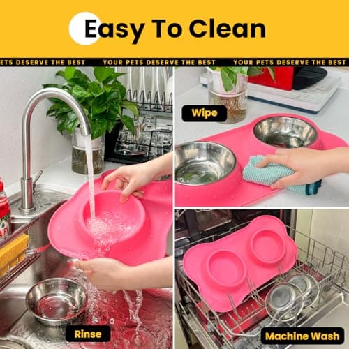 Conlun Dog Bowls with Silicone Feeding Mat, No Spill Food Water Dish Set, Dishwasher Safe, 2 Stainless Steel Puppy Bowls, Suitable for Tiny Dogs Kittens Cats Rabbits Pets under 8lbs, Extra Small, Pink - Image 6