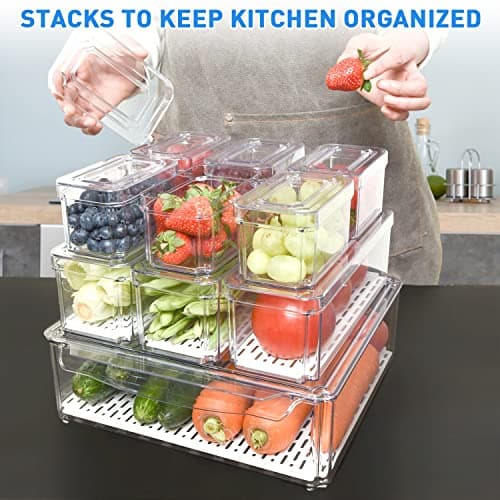 Pomeat 10 Pack Fridge Organizer, Stackable Refrigerator Bins with Lids, BPA-Free Produce Fruit Storage Containers for Fridge, Clear for Food, Drinks, Vegetable - Image 2