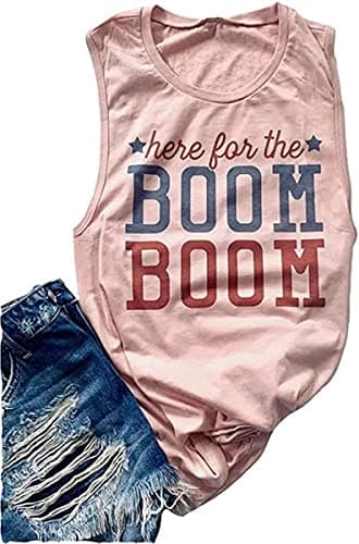 kfulemai Women's Here for The Boom Tanks Tops 4th of July Shirts Graphic Tee Patriotic Independence Day Sleeveless Shirt(L,B)
