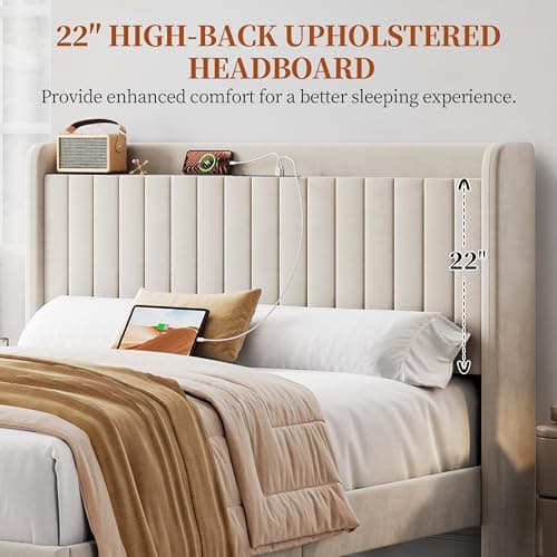 Yaheetech Queen Bed Frame with USB Charging Station and Storage Shelf/Upholstered Headboard Platform Bed with Wing Side/Wooden Slats Support/Noise Free/No Box Spring Needed/Easy Assembly, Beige - Image 7