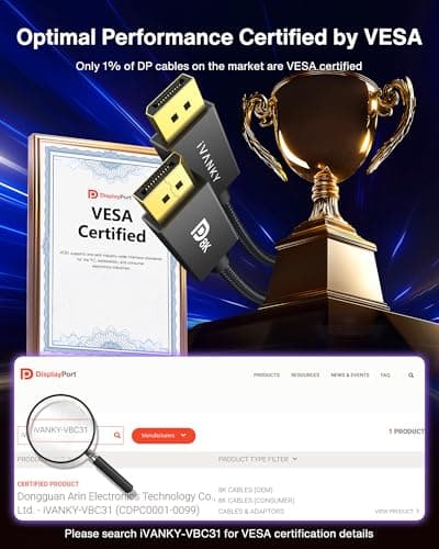 IVANKY 8K DisplayPort Cable 1.4, VESA Certified DP Cable 6.6ft (8K@60Hz, 4K@144Hz, 2K@240Hz)HBR3 Support 32.4Gbps, HDR, HDCP 2.2, FreeSync G-Sync, Braided Display Port for Gaming Monitor, Graphics, PC - Image 2